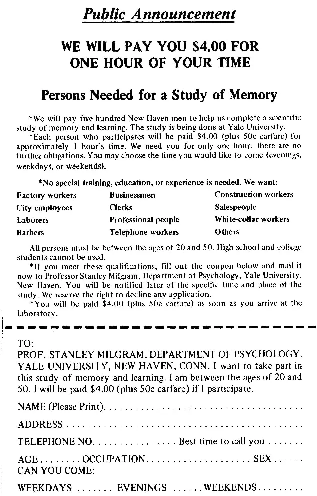 Zeitungsanzeige aus New Haven, mit der Milgram Teilnehmer für eine Studie über Gedächtnis und Lernen suchte